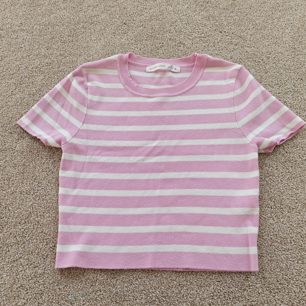 Striped Pink and White Short-Sleeve Knit Top